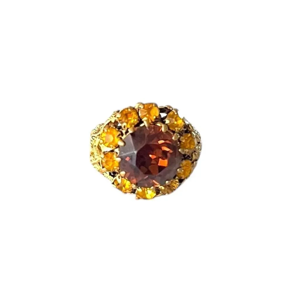 Vintage West Germany Amber Glass Brass Filigree Cocktail Ring